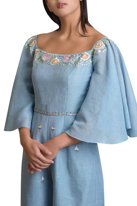 Sue Mue Blue Resham Thread Embroidery Wide Neckline Linen Jumpsuit Online at Aza Fashions Sue Mue_Blue Resham Thread Embroidery Wide Neckline Linen Jumpsuit _Online_at_Aza_Fashions