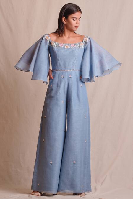 Buy Sue Mue Blue Resham Thread Embroidery Wide Neckline Linen Jumpsuit Online at Aza Fashions Buy_Sue Mue_Blue Resham Thread Embroidery Wide Neckline Linen Jumpsuit _Online_at_Aza_Fashions