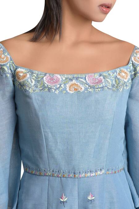 Shop Sue Mue Blue Resham Thread Embroidery Wide Neckline Linen Jumpsuit Online at Aza Fashions Shop_Sue Mue_Blue Resham Thread Embroidery Wide Neckline Linen Jumpsuit _Online_at_Aza_Fashions