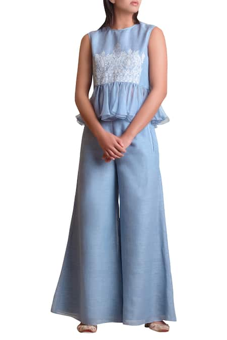 Sue Mue Blue Linen Top Resham Thread Round Neck Crop And Pant Set 