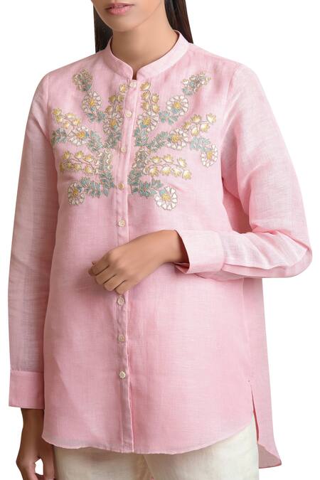 Sue Mue Pink Mandarin Collar Linen Embroidered Shirt Online at Aza Fashions Sue Mue_Pink Mandarin Collar Linen Embroidered Shirt _Online_at_Aza_Fashions