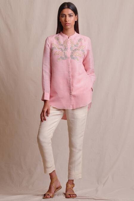 Buy Sue Mue Pink Mandarin Collar Linen Embroidered Shirt Online at Aza Fashions Buy_Sue Mue_Pink Mandarin Collar Linen Embroidered Shirt _Online_at_Aza_Fashions