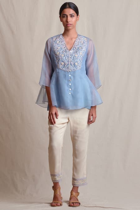 Buy_Sue Mue_Blue Organza, Crepe Cutdana Embroidery, Resham Thread V Neck Short Tunic _Online_at_Aza_Fashions