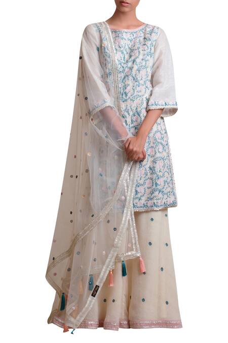 Sue Mue Off White Tulle, Linen, Jute Cutdana Embroidery, Resham Thread Round Kurta Set