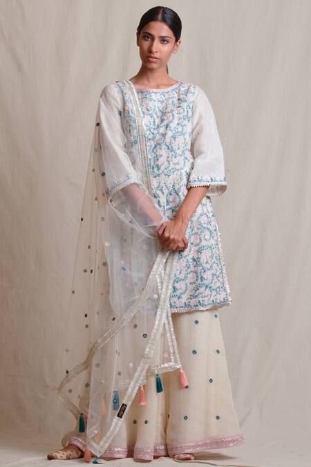 Buy Sue Mue Off White Tulle, Linen, Jute Cutdana Embroidery, Resham Thread Round Kurta Set Online at Aza Fashions Buy_Sue Mue_Off White Tulle, Linen, Jute Cutdana Embroidery, Resham Thread Round Kurta Set _Online_at_Aza_Fashions