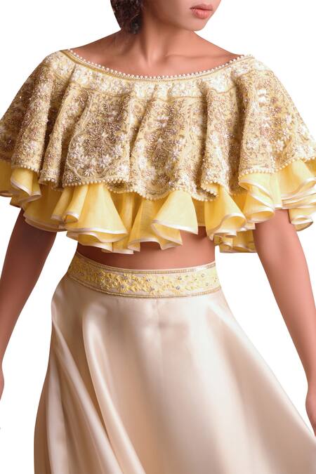 Sue Mue Yellow Satin , Linen, Silk Bead Embroiderycape, Cape With Online at Aza Fashions Sue Mue_Yellow Satin , Linen, Silk Bead Embroiderycape, Cape With _Online_at_Aza_Fashions