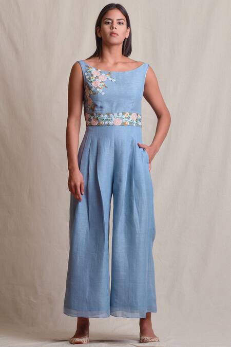 Buy_Sue Mue_Blue Linen Boat Embroidered Jumpsuit _Online_at_Aza_Fashions