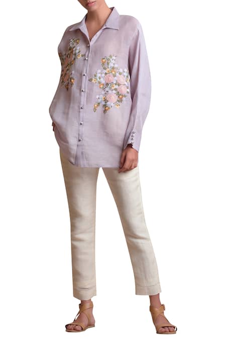 Sue Mue Grey Linen Spread Collar Embroidered Shirt