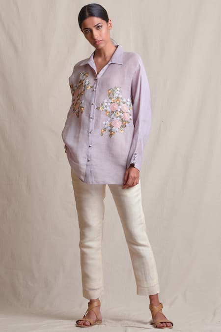 Buy Sue Mue Grey Linen Spread Collar Embroidered Shirt Online at Aza Fashions Buy_Sue Mue_Grey Linen Spread Collar Embroidered Shirt _Online_at_Aza_Fashions