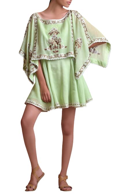 Sue Mue Green Cotton, Linen Wide Neck Embroidered Dress