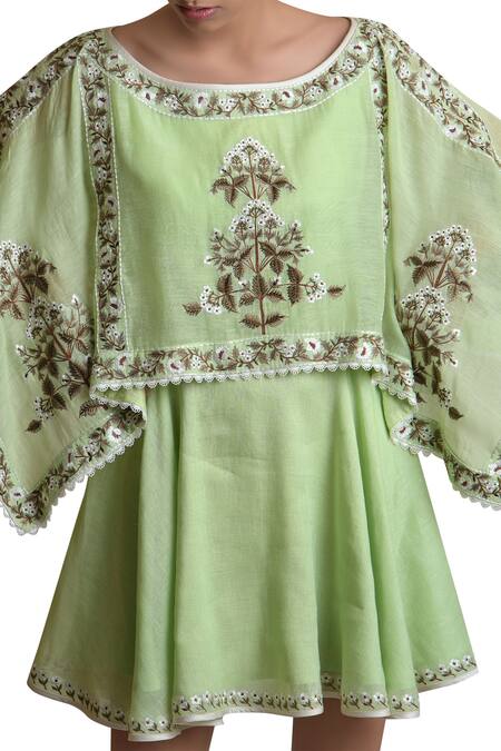 Sue Mue Green Cotton, Linen Wide Neck Embroidered Dress Online at Aza Fashions Sue Mue_Green Cotton, Linen Wide Neck Embroidered Dress _Online_at_Aza_Fashions