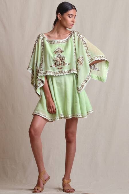 Buy Sue Mue Green Cotton, Linen Wide Neck Embroidered Dress Online at Aza Fashions Buy_Sue Mue_Green Cotton, Linen Wide Neck Embroidered Dress _Online_at_Aza_Fashions