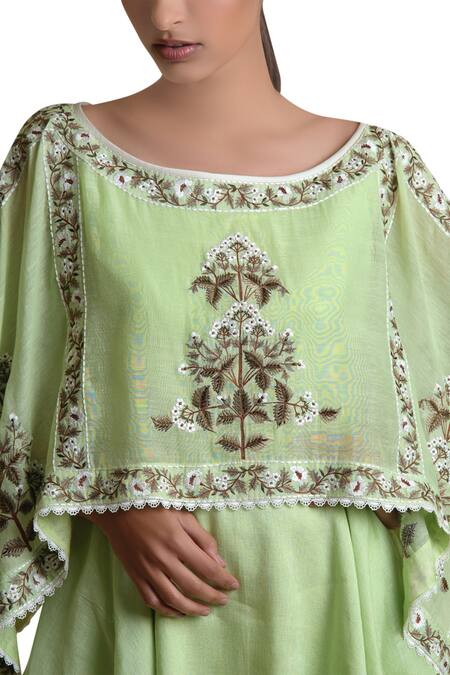 Shop Sue Mue Green Cotton, Linen Wide Neck Embroidered Dress Online at Aza Fashions Shop_Sue Mue_Green Cotton, Linen Wide Neck Embroidered Dress _Online_at_Aza_Fashions