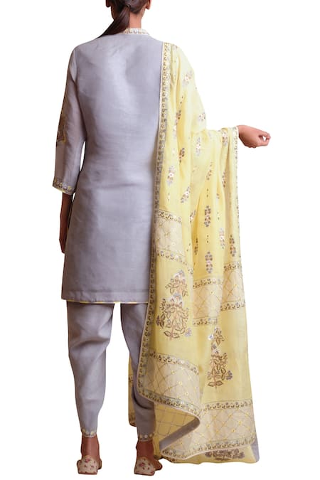 Shop Sue Mue Yellow Cotton, Linen Notch Collar Embroidered Kurta Dhoti Pant Set at Aza Fashions Shop_Sue Mue_Yellow Cotton, Linen Notch Collar Embroidered Kurta Dhoti Pant Set _at_Aza_Fashions