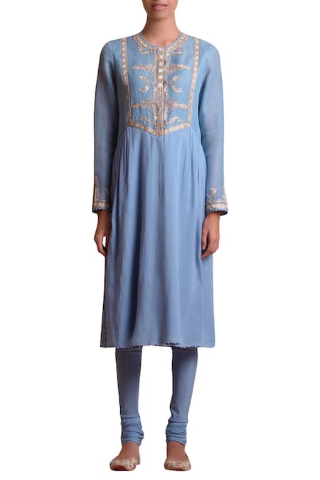 Sue Mue_Blue Linen, Jute, Lycra Crepe Round Embroidered Kurta Set _Online_at_Aza_Fashions