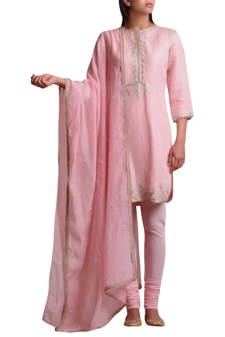 Sue Mue Pink Cotton, Linen, Lycra Crepe Round Embroidered Kurta Set