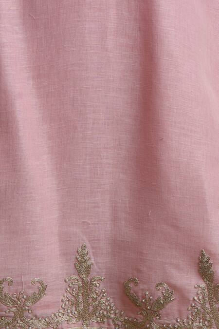 Shop_Sue Mue_Pink Cotton, Linen, Lycra Crepe Round Embroidered Kurta Set _Online_at_Aza_Fashions