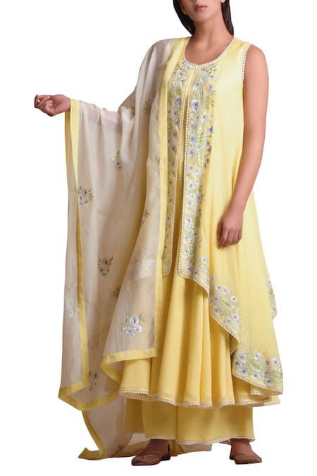 Sue Mue Yellow Cotton And Jute Round Embroidered Layered Kurta Palazzo Set