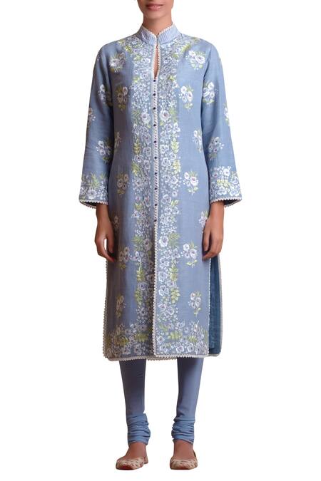 Buy Sue Mue Blue Linen, Lycra Crepe Mandarin Collar Embroidered Kurta Set Online at Aza Fashions Buy_Sue Mue_Blue Linen, Lycra Crepe Mandarin Collar Embroidered Kurta Set _Online_at_Aza_Fashions