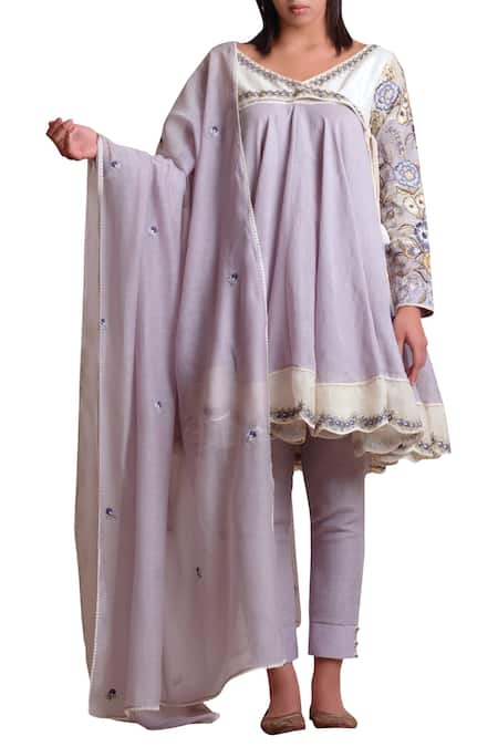Buy Sue Mue Grey Linen, Cotton And Organza V Neck Embroidered Kurta Set Online at Aza Fashions Buy_Sue Mue_Grey Linen, Cotton And Organza V Neck Embroidered Kurta Set _Online_at_Aza_Fashions