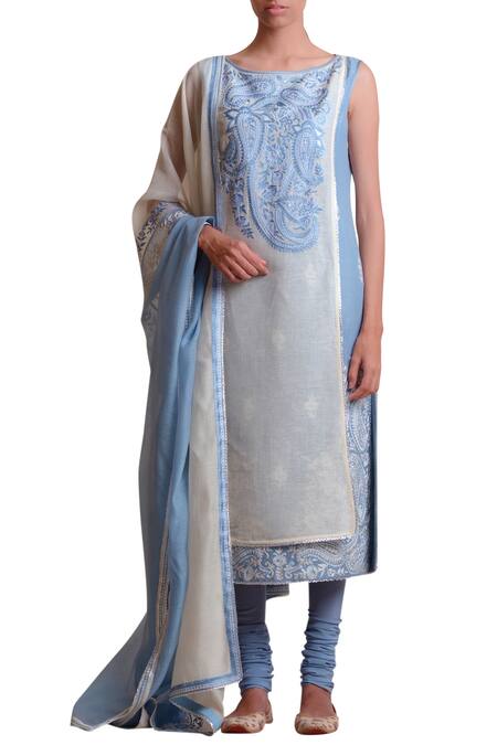Buy Sue Mue Blue Cotton, Linen Round Embroidered Kurta Set Online at Aza Fashions Buy_Sue Mue_Blue Cotton, Linen Round Embroidered Kurta Set _Online_at_Aza_Fashions