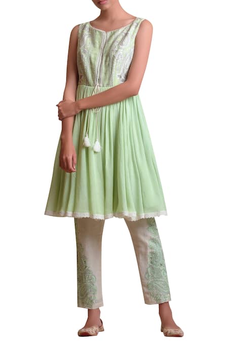 Buy_Sue Mue_Green Linen, Jute Round Embroidered Kurta Set _Online_at_Aza_Fashions