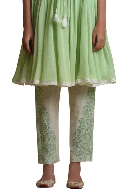Shop_Sue Mue_Green Linen, Jute Round Embroidered Kurta Set _Online_at_Aza_Fashions
