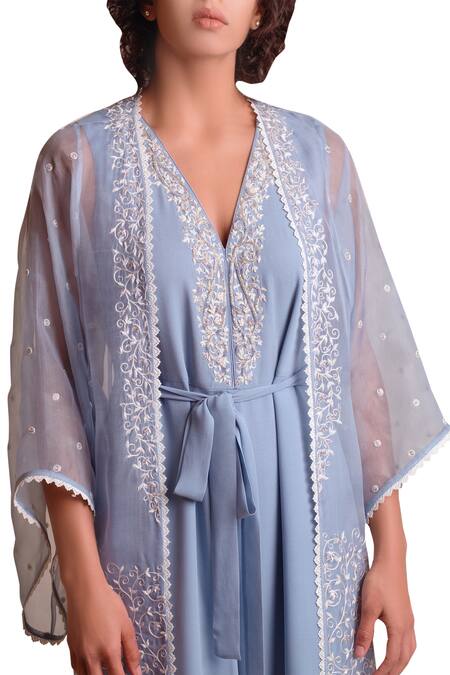 Sue Mue_Blue Silk, Organza, Georgette Cutdana Embroidery, Jumpsuit, Kimono Jacket With _Online_at_Aza_Fashions