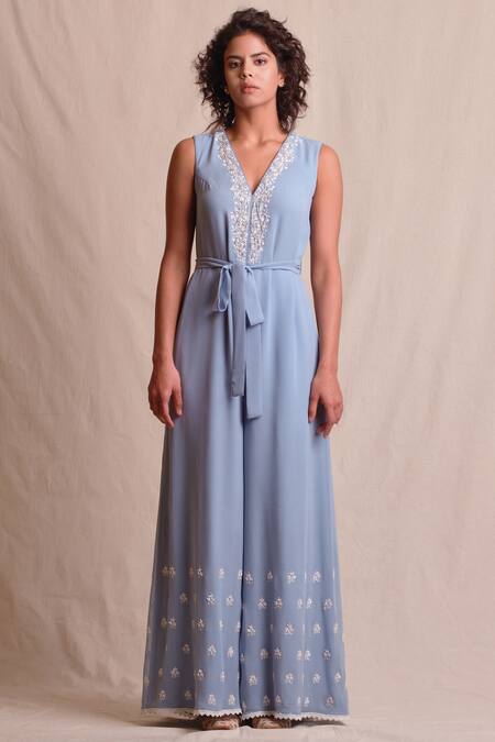 Buy_Sue Mue_Blue Silk, Organza, Georgette Cutdana Embroidery, Jumpsuit, Kimono Jacket With _Online_at_Aza_Fashions