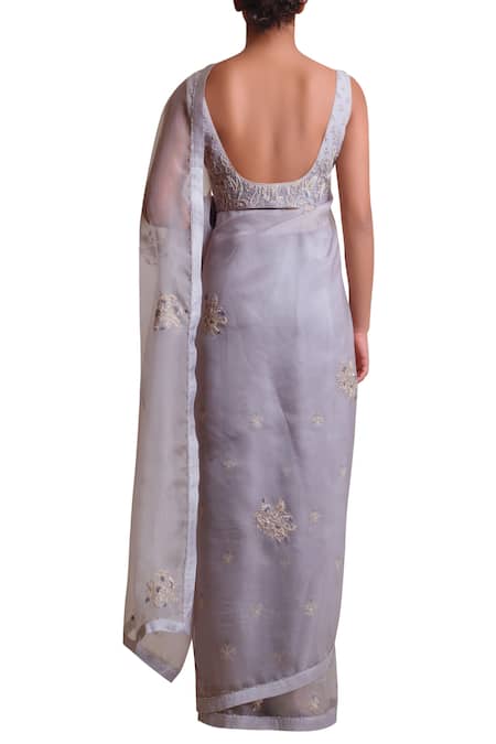 Shop_Sue Mue_Grey Tulle, Silk Organza Leaf Neck Embroidered Saree With Blouse _at_Aza_Fashions