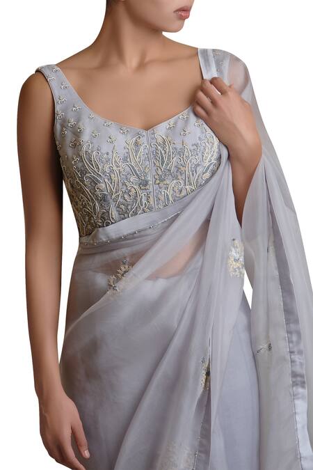 Sue Mue_Grey Tulle, Silk Organza Leaf Neck Embroidered Saree With Blouse _Online_at_Aza_Fashions