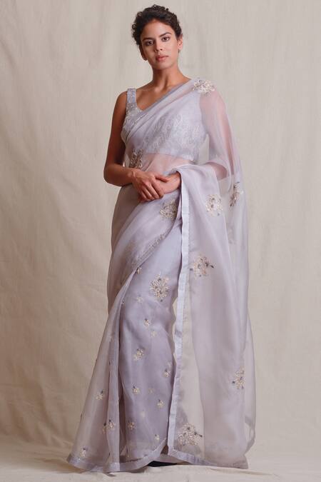 Buy_Sue Mue_Grey Tulle, Silk Organza Leaf Neck Embroidered Saree With Blouse _Online_at_Aza_Fashions