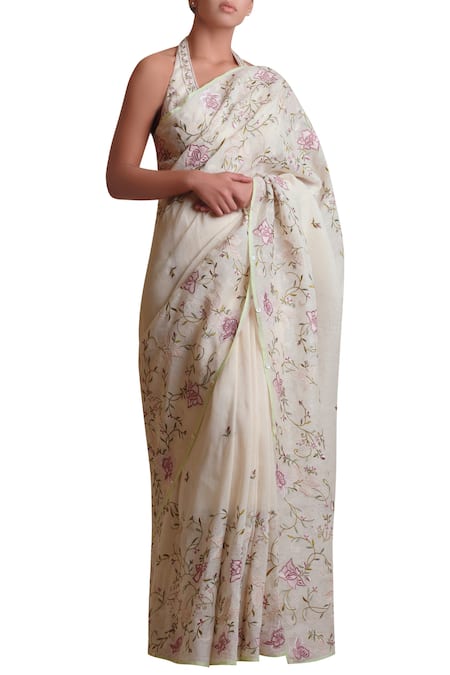 Sue Mue Linen Embroidered Saree With Blouse 