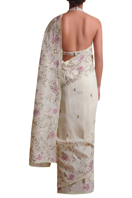 Shop_Sue Mue_Off White Linen Blouse, Saree Thread Embroidery Halter Neckline With _at_Aza_Fashions