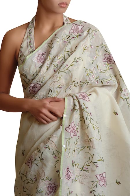 Sue Mue_Off White Linen Blouse, Saree Thread Embroidery Halter Neckline With _Online_at_Aza_Fashions