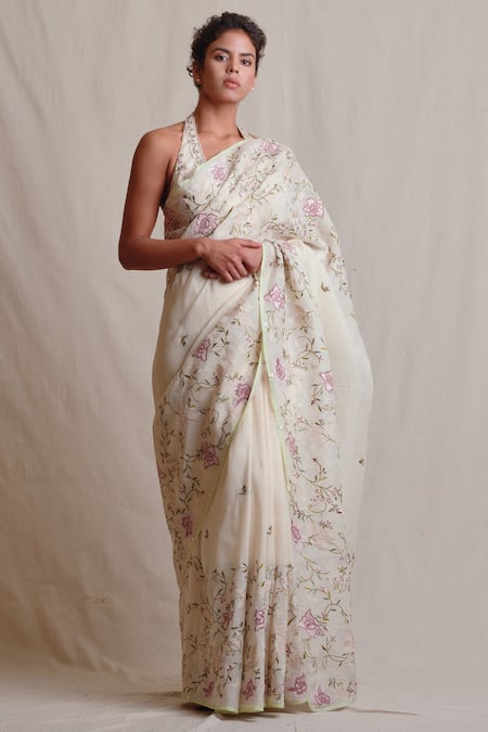 Buy_Sue Mue_Off White Linen Blouse, Saree Thread Embroidery Halter Neckline With _Online_at_Aza_Fashions