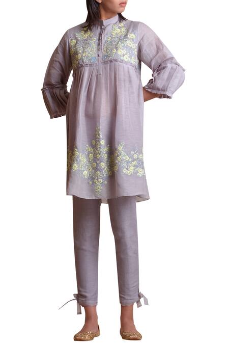 Buy Sue Mue Grey Linen Mandarin Collar Embroidered Tunic With Pant Online at Aza Fashions Buy_Sue Mue_Grey Linen Mandarin Collar Embroidered Tunic With Pant _Online_at_Aza_Fashions
