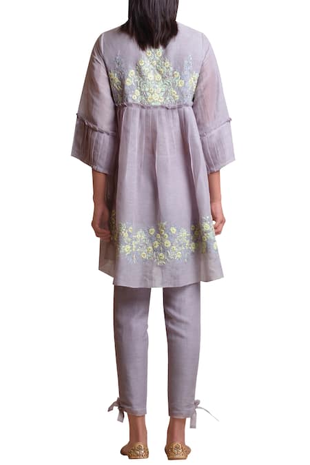 Shop Sue Mue Grey Linen Mandarin Collar Embroidered Tunic With Pant at Aza Fashions Shop_Sue Mue_Grey Linen Mandarin Collar Embroidered Tunic With Pant _at_Aza_Fashions