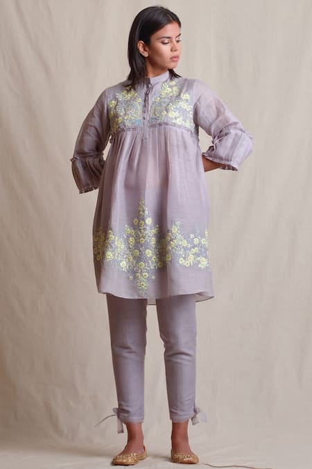 Sue Mue Grey Linen Mandarin Collar Embroidered Tunic With Pant
