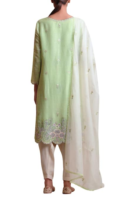 Shop Sue Mue Green Linen, Handloom Cotton Round And Kurta Set at Aza Fashions Shop_Sue Mue_Green Linen, Handloom Cotton Round And Kurta Set _at_Aza_Fashions