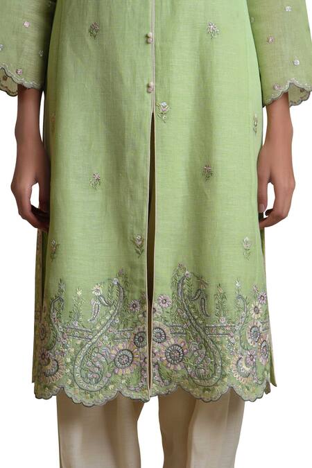 Sue Mue Green Linen, Handloom Cotton Round And Kurta Set Online at Aza Fashions Sue Mue_Green Linen, Handloom Cotton Round And Kurta Set _Online_at_Aza_Fashions