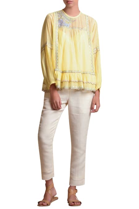 Buy Sue Mue Yellow Linen Round Embroidered Top Online at Aza Fashions Buy_Sue Mue_Yellow Linen Round Embroidered Top _Online_at_Aza_Fashions