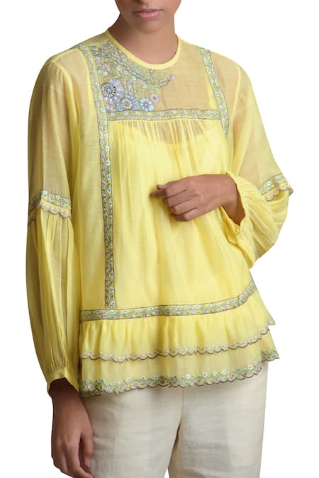 Sue Mue Yellow Linen Round Embroidered Top Online at Aza Fashions Sue Mue_Yellow Linen Round Embroidered Top _Online_at_Aza_Fashions