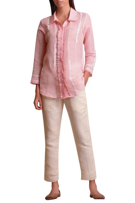 Buy Sue Mue Pink Linen Shirt Collar Embroidered Online at Aza Fashions Buy_Sue Mue_Pink Linen Shirt Collar Embroidered _Online_at_Aza_Fashions