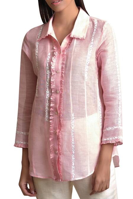Sue Mue Pink Linen Shirt Collar Embroidered Online at Aza Fashions Sue Mue_Pink Linen Shirt Collar Embroidered _Online_at_Aza_Fashions