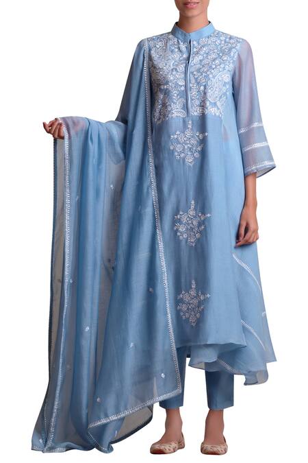 Buy Sue Mue Blue Handloom Cotton Mandarin Collar Embroidered Kurta Set Online at Aza Fashions Buy_Sue Mue_Blue Handloom Cotton Mandarin Collar Embroidered Kurta Set _Online_at_Aza_Fashions