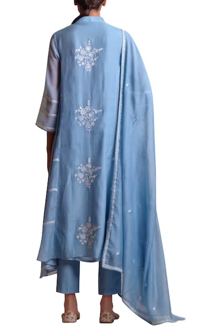 Shop Sue Mue Blue Handloom Cotton Mandarin Collar Embroidered Kurta Set at Aza Fashions Shop_Sue Mue_Blue Handloom Cotton Mandarin Collar Embroidered Kurta Set _at_Aza_Fashions