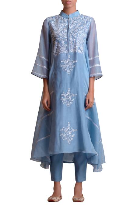 Sue Mue Blue Handloom Cotton Mandarin Collar Embroidered Kurta Set Online at Aza Fashions Sue Mue_Blue Handloom Cotton Mandarin Collar Embroidered Kurta Set _Online_at_Aza_Fashions