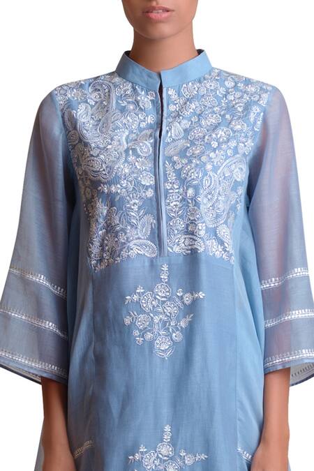 Shop Sue Mue Blue Handloom Cotton Mandarin Collar Embroidered Kurta Set Online at Aza Fashions Shop_Sue Mue_Blue Handloom Cotton Mandarin Collar Embroidered Kurta Set _Online_at_Aza_Fashions