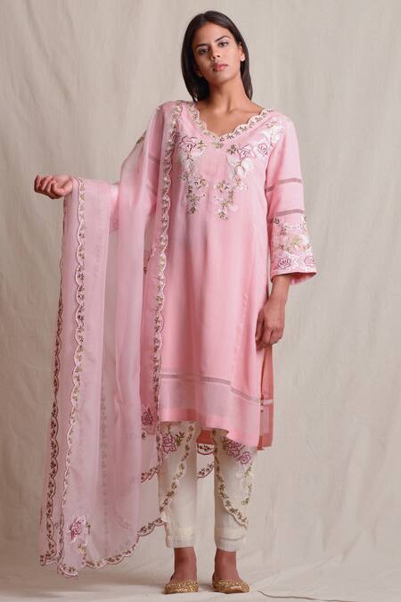 Buy Sue Mue Pink Organza, Handloom Cotton, Jute V Neck Embroidered Kurta Set Online at Aza Fashions Buy_Sue Mue_Pink Organza, Handloom Cotton, Jute V Neck Embroidered Kurta Set _Online_at_Aza_Fashions